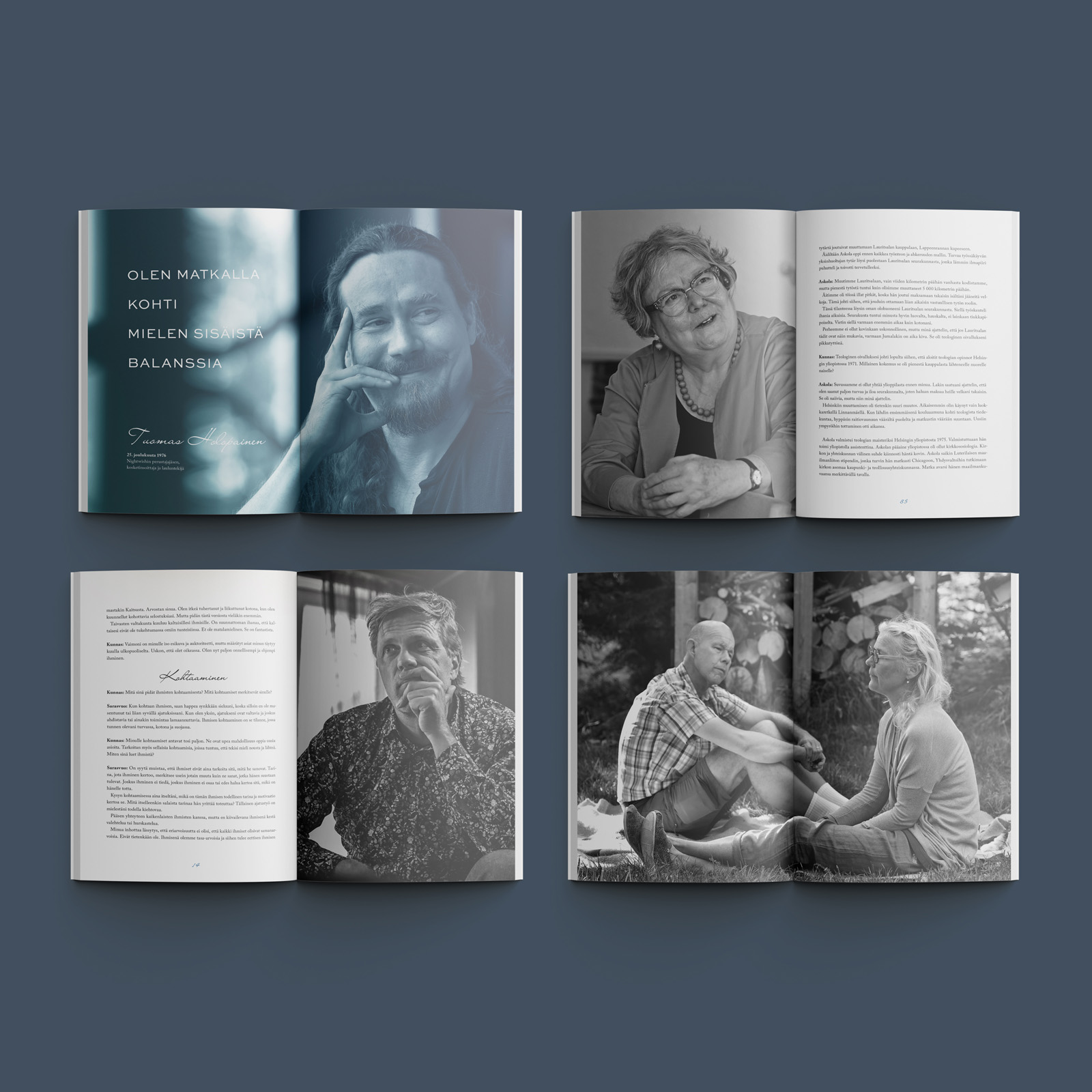 Kohtaaminen book spread layout showcasing clean typography and storytelling-focused editorial design