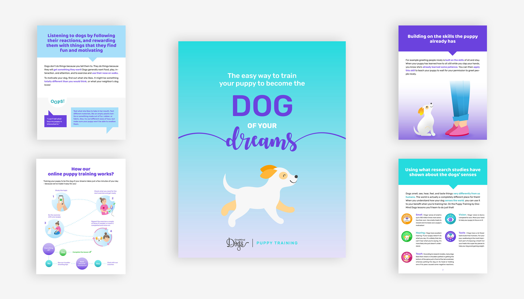 Dog of Your Dreams puppy training e-book cover – friendly illustration and digital publication design for online dog training education